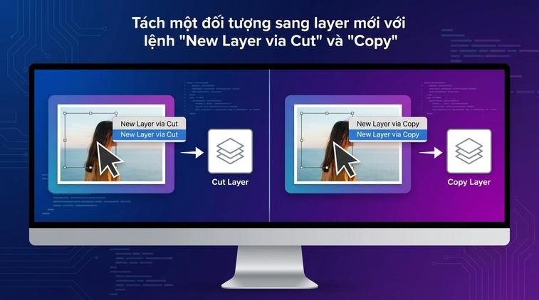 Tách một đối tượng sang layer mới với lệnh 'New Layer via Cut' và 'Copy'