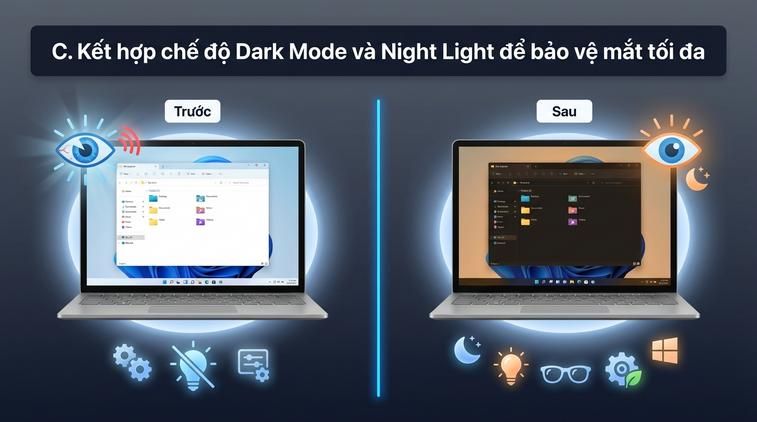 C. Kết hợp chế độ Dark Mode và Night Light để bảo vệ mắt tối đa