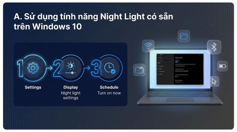 A. Sử dụng tính năng Night Light có sẵn trên Windows 10
